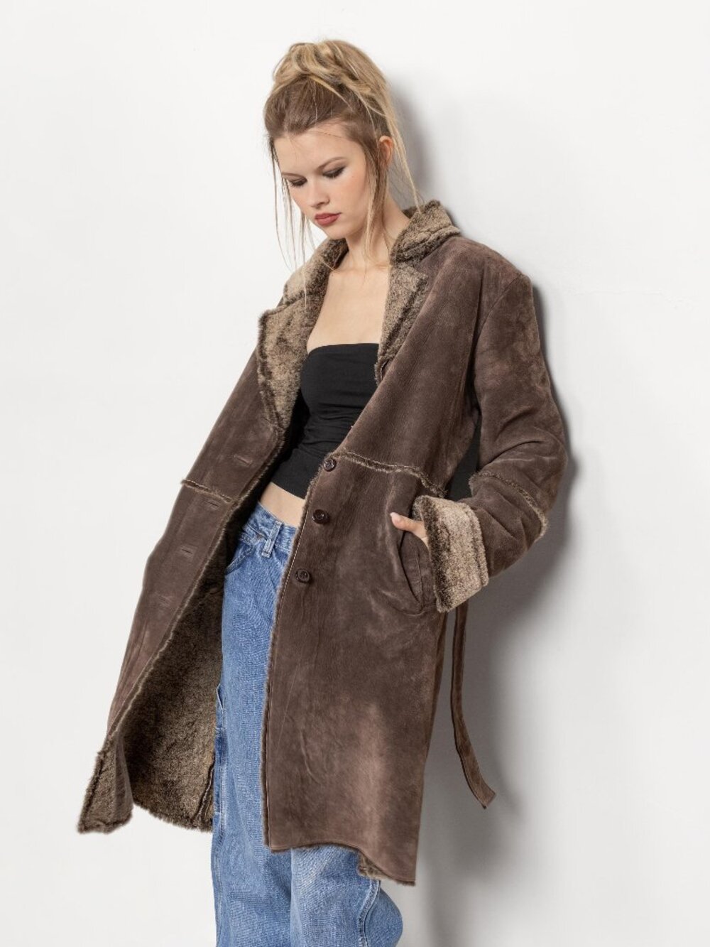 SUEDE JACKET Trench Coat Vintage Brown Faux Fur Lined Y2K, Large Medium